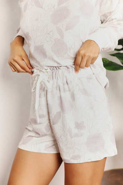 Double Take Floral Long Sleeve Top and Shorts Loungewear Set - -