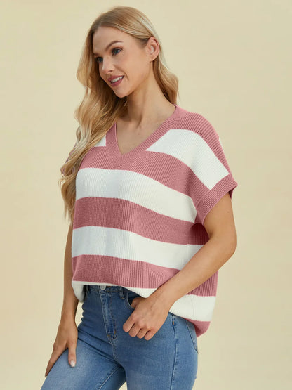 Double Take Full Size Striped V-Neck Short Sleeve Sweater - -