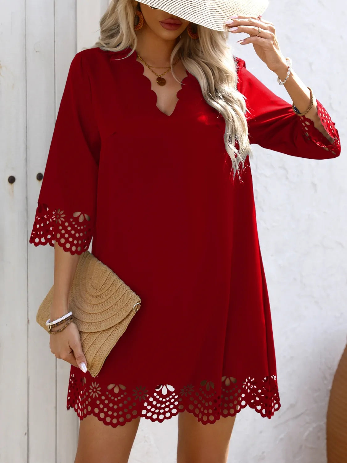 Cutout V-Neck Three-Quarter Sleeve Mini Dress - -