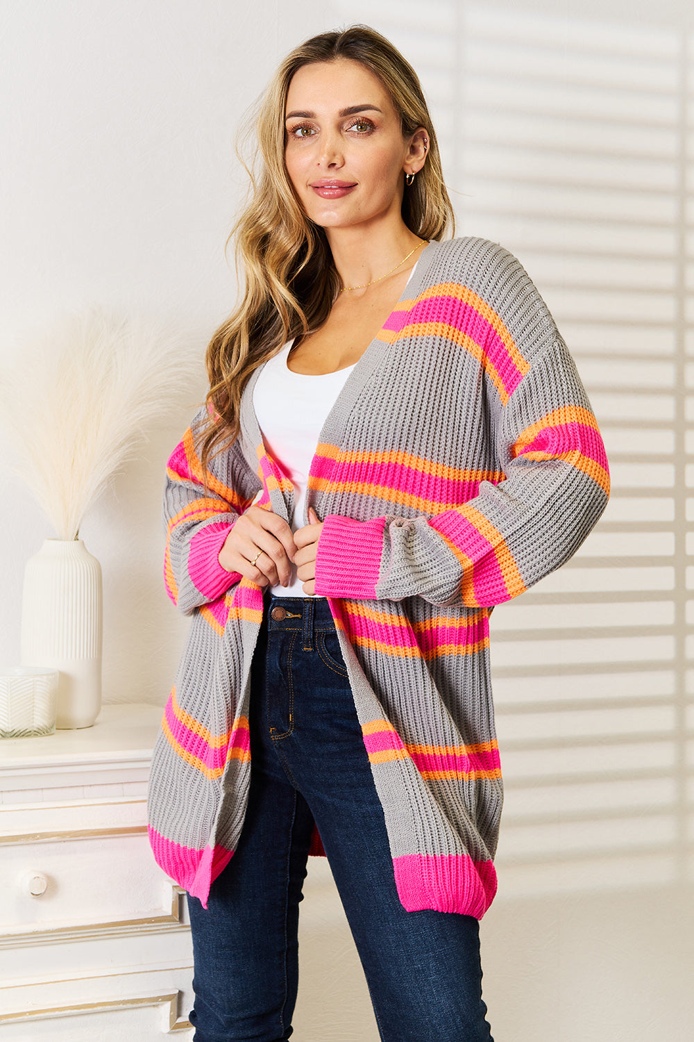 Woven Right Ribbed Long Sleeve Cardigan - -