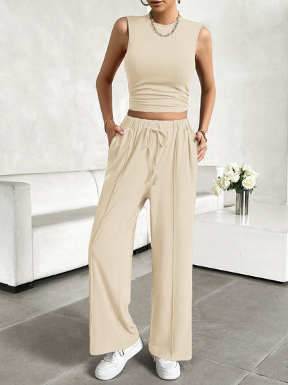 Devine Mock Neck Sleeveless Top and Drawstring Pants Set - Tan -