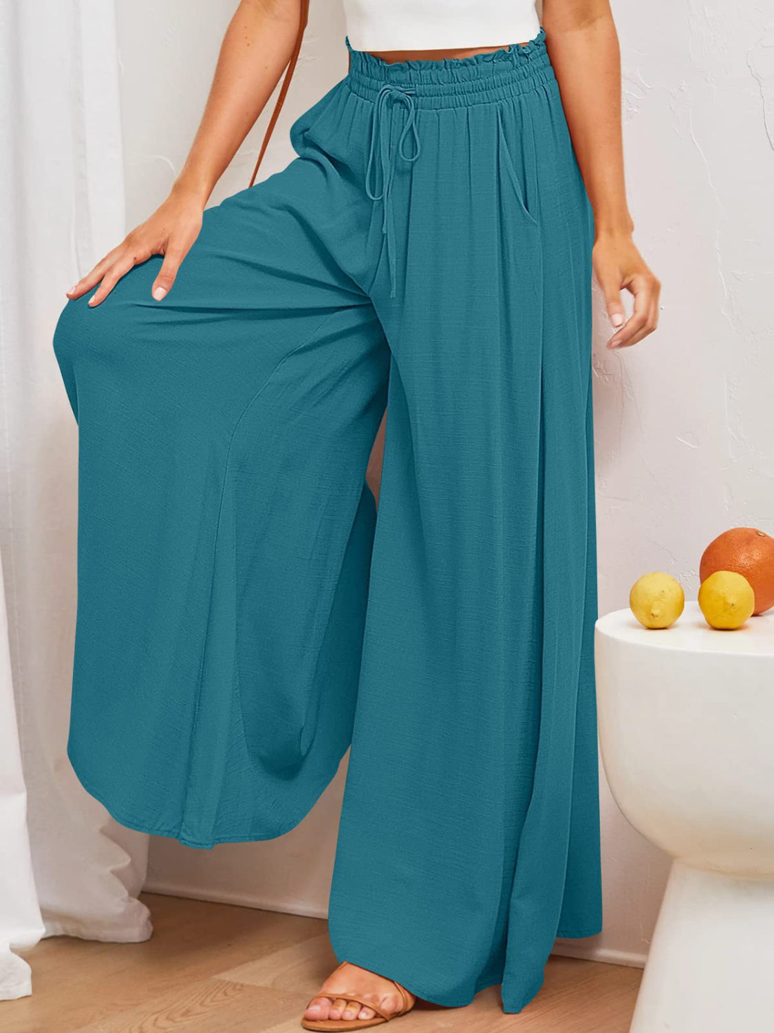 Wide Leg Pants with Pockets - Deep Teal -