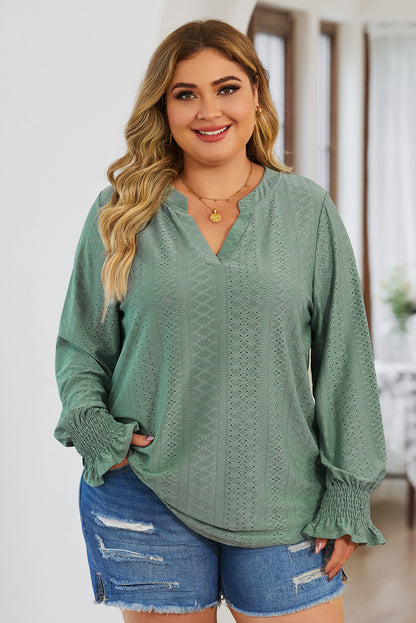 Plus Size Eyelet Notched Flounce Sleeve Blouse - Sage -