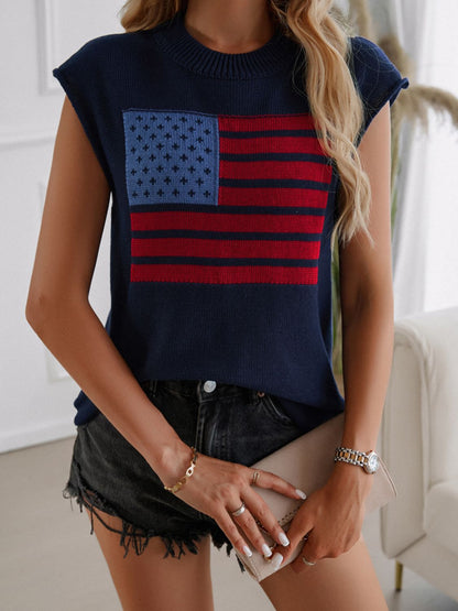 Devine US Flag Round Neck Sweater Vest - Dark Blue -