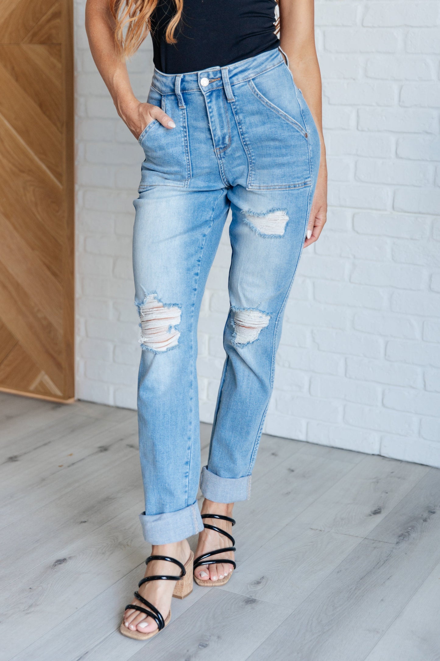 Aiden High Rise Patch Pocket Distressed Boyfriend Jeans - - Denim