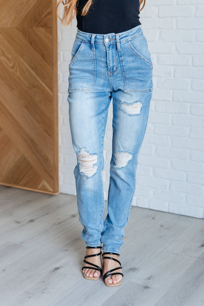 Aiden High Rise Patch Pocket Distressed Boyfriend Jeans - - Denim