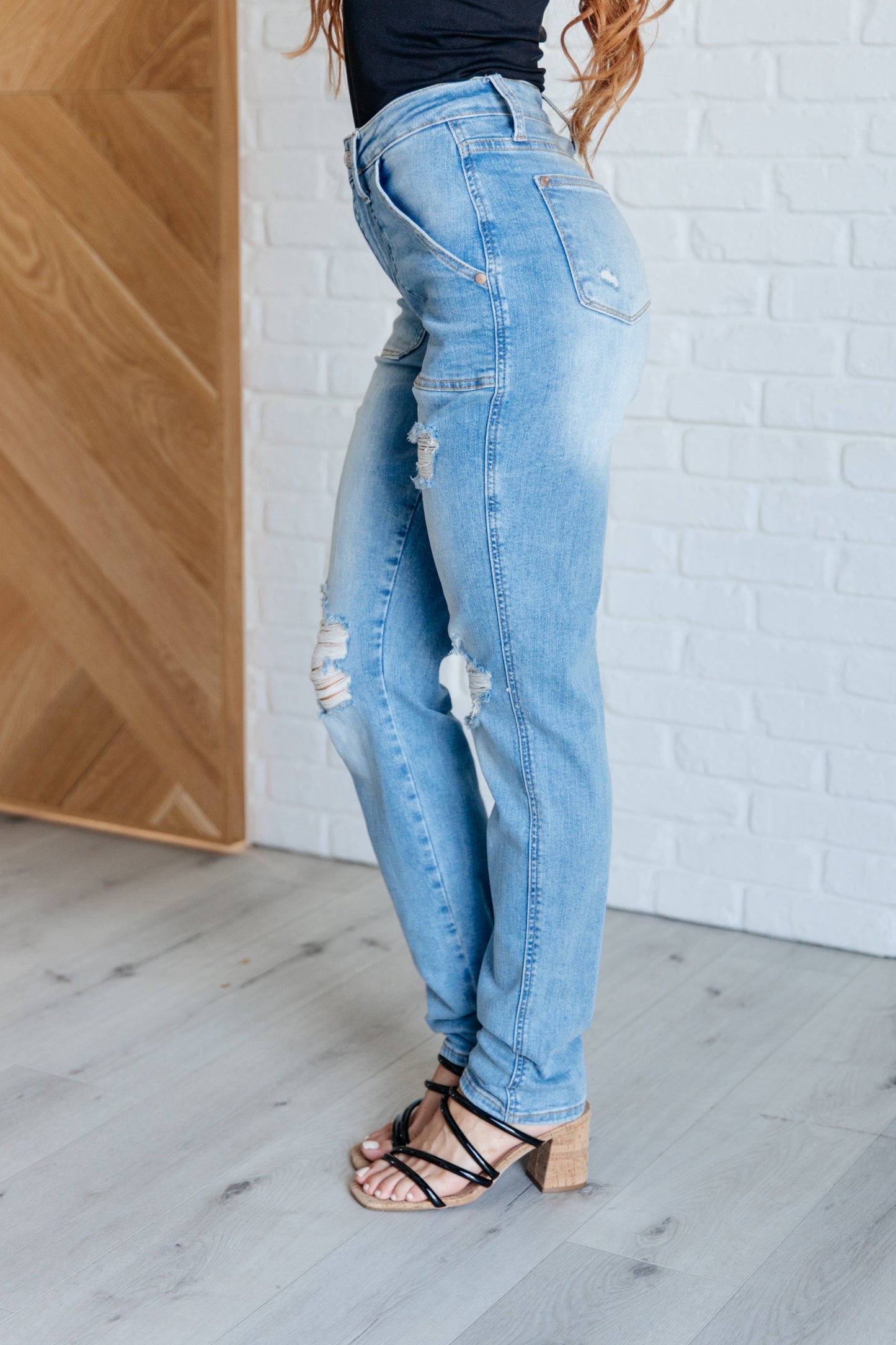 Aiden High Rise Patch Pocket Distressed Boyfriend Jeans - - Denim