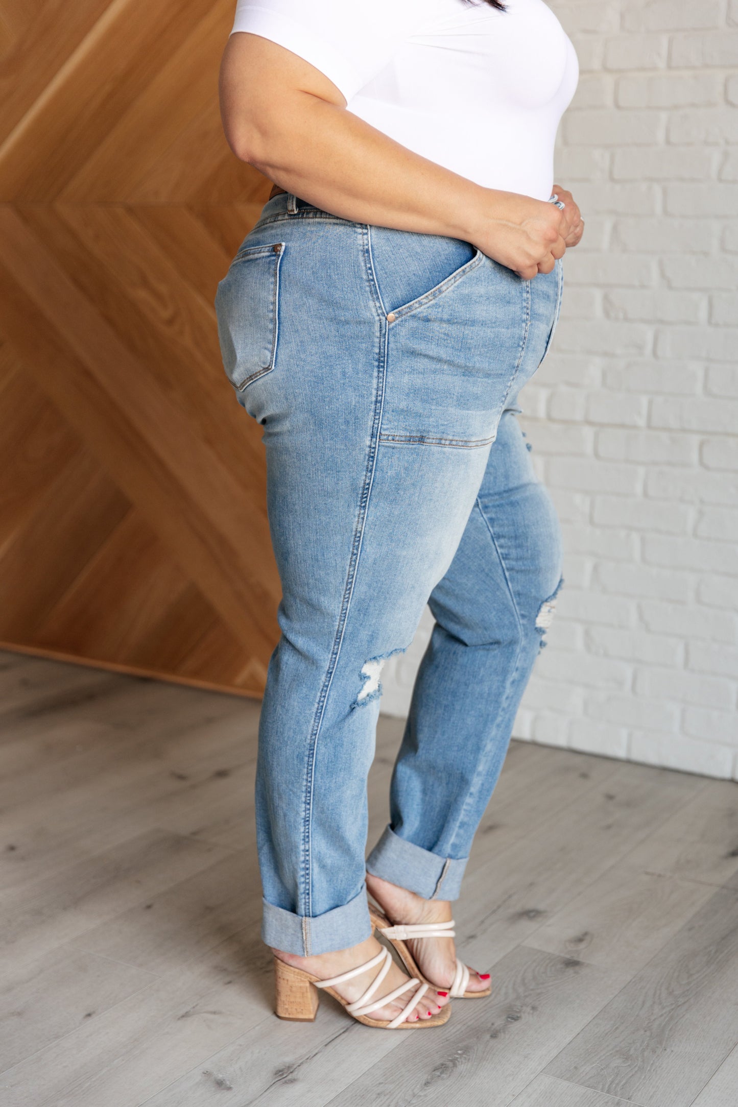Aiden High Rise Patch Pocket Distressed Boyfriend Jeans - - Denim