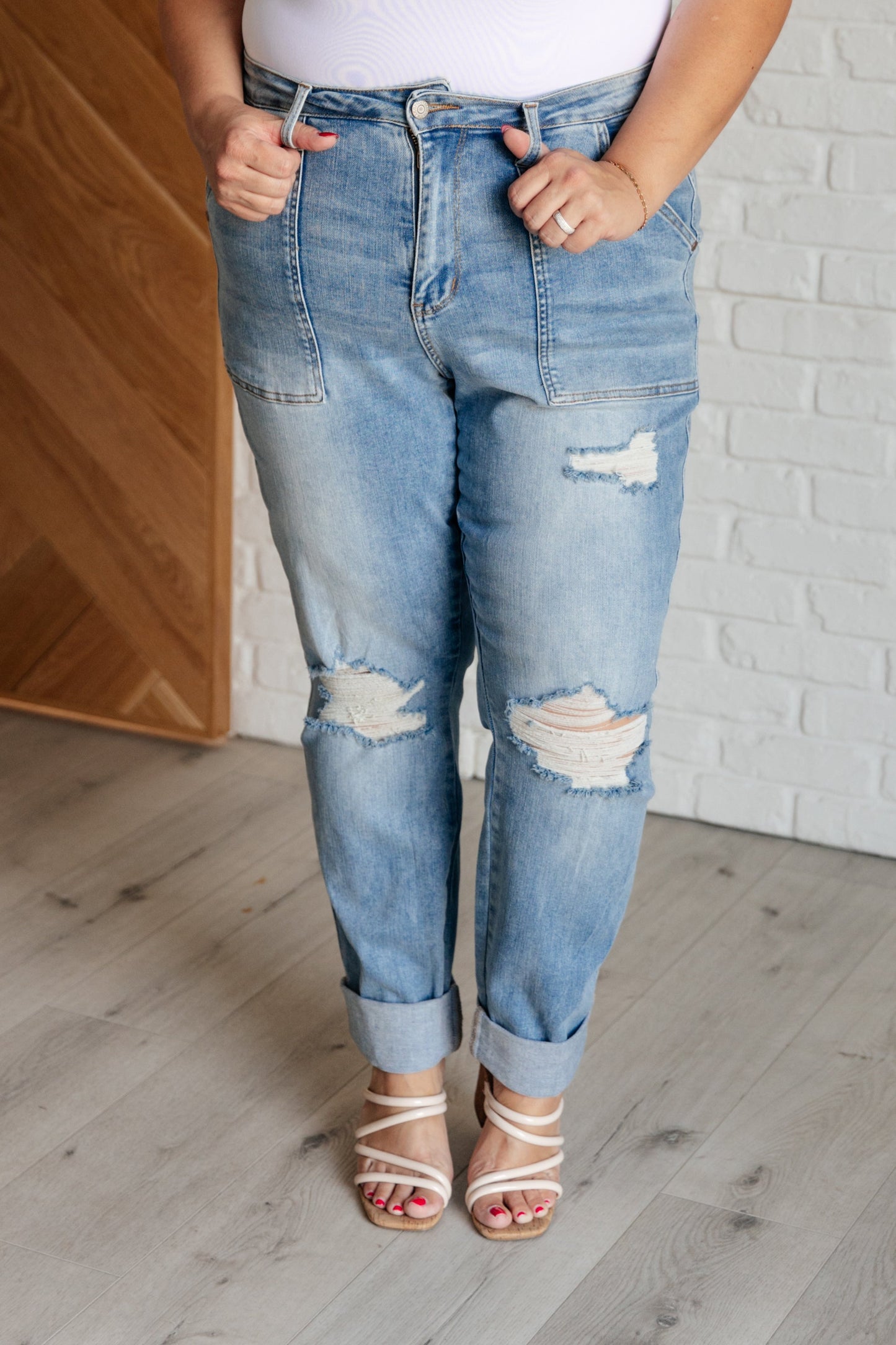 Aiden High Rise Patch Pocket Distressed Boyfriend Jeans - - Denim