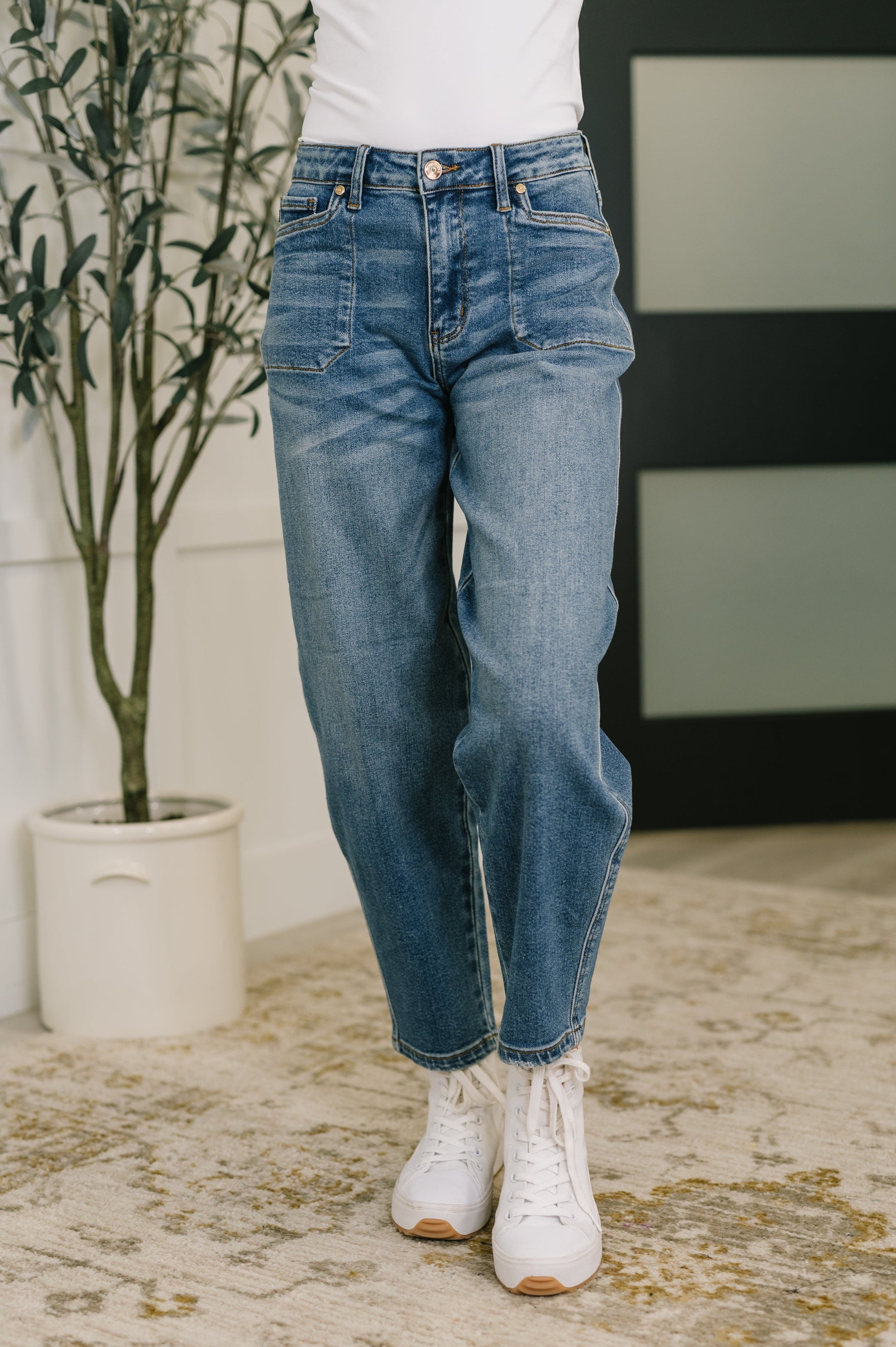 Harper Blue Jeans, medium wash, relaxed fit denim with high-rise waist.