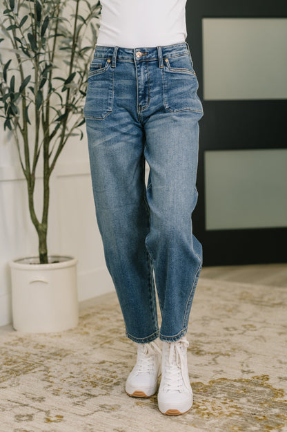 Harper Blue Jeans, medium wash, relaxed fit denim with high-rise waist.