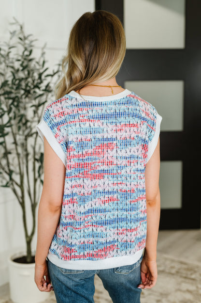 Blurred Beauty Textured Knit Top in Blue, Red and White - - Womens
