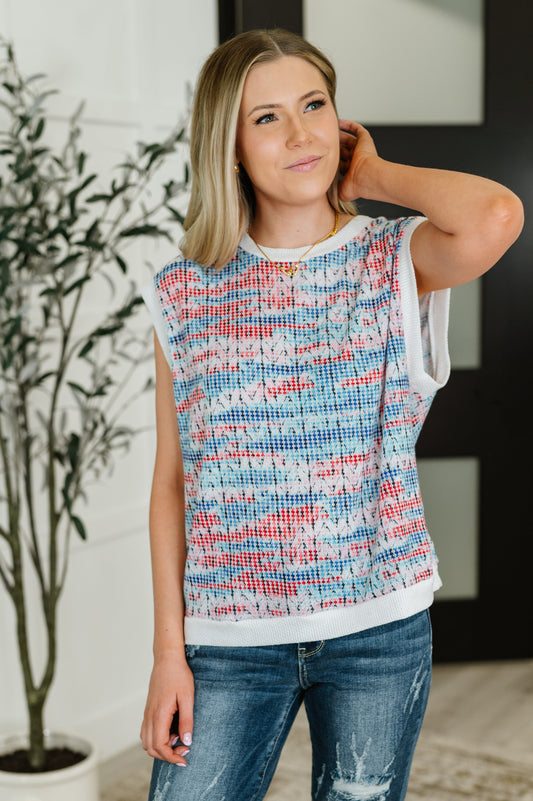 Blurred Beauty Textured Knit Top in Blue, Red and White - - Womens
