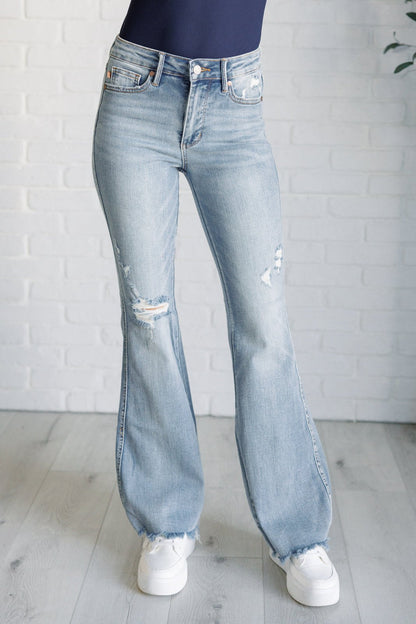Caroline Mid Rise Control Top Distressed Flare Jeans - - Denim