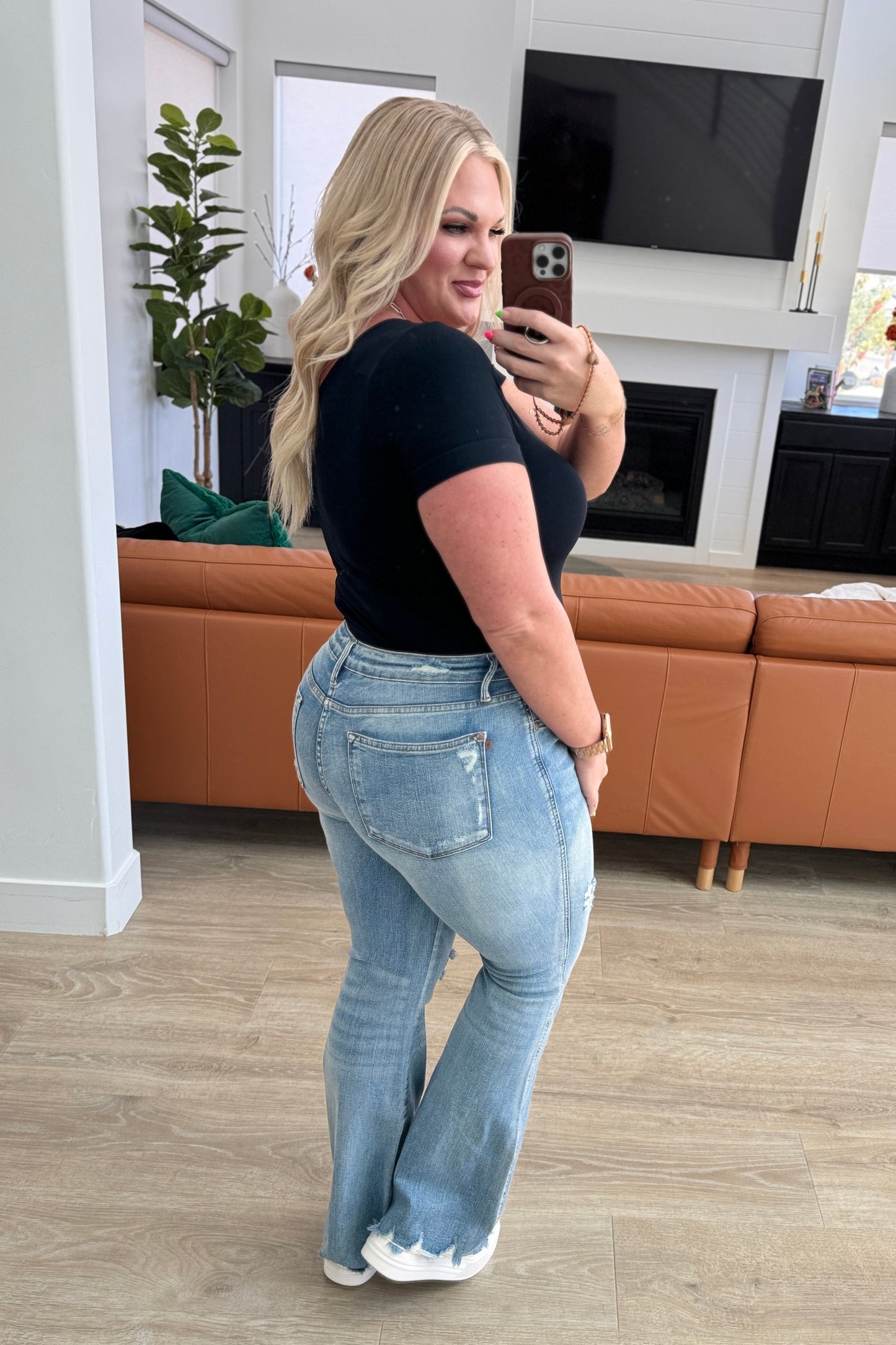 Caroline Mid Rise Control Top Distressed Flare Jeans - - Denim