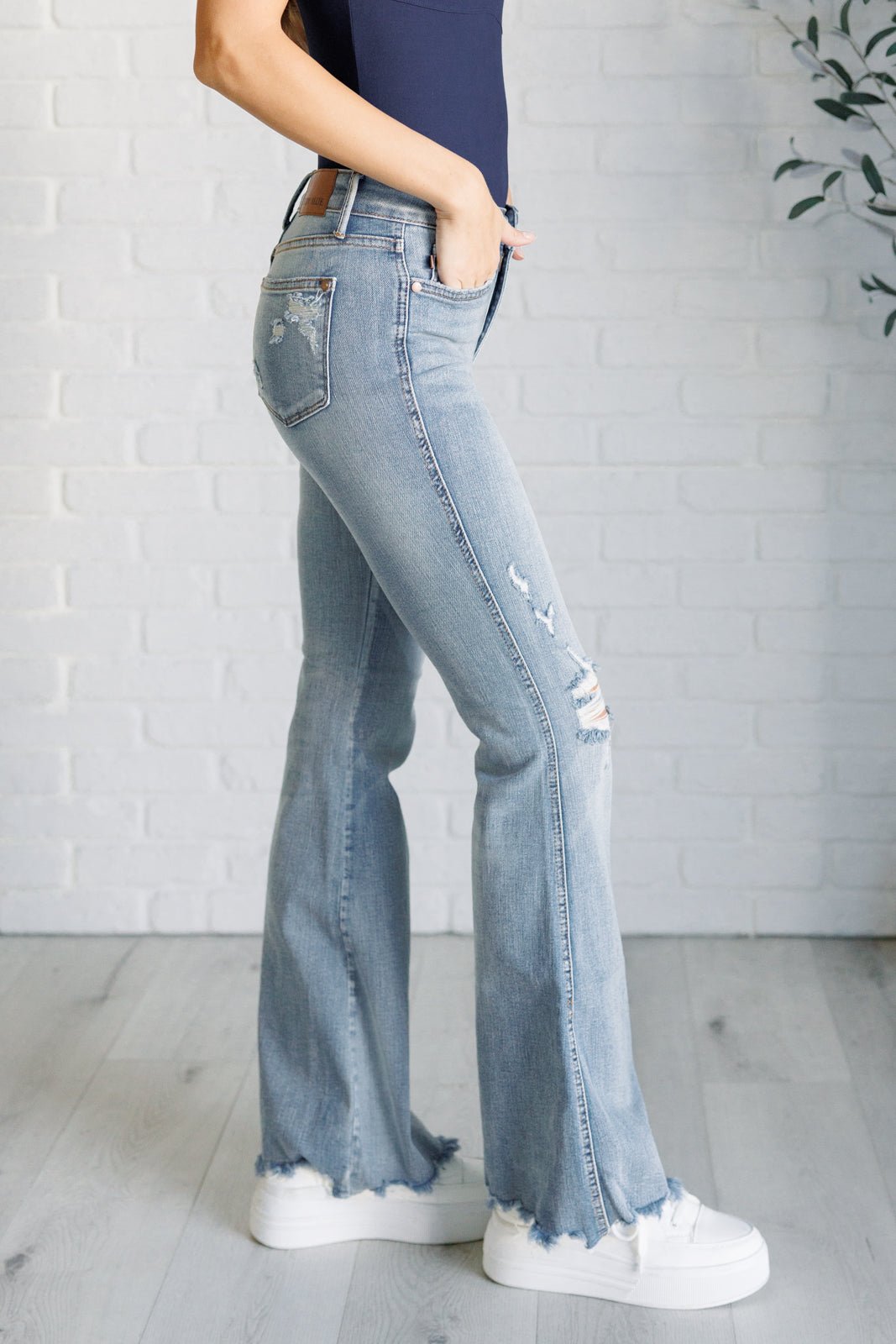 Caroline Mid Rise Control Top Distressed Flare Jeans - - Denim