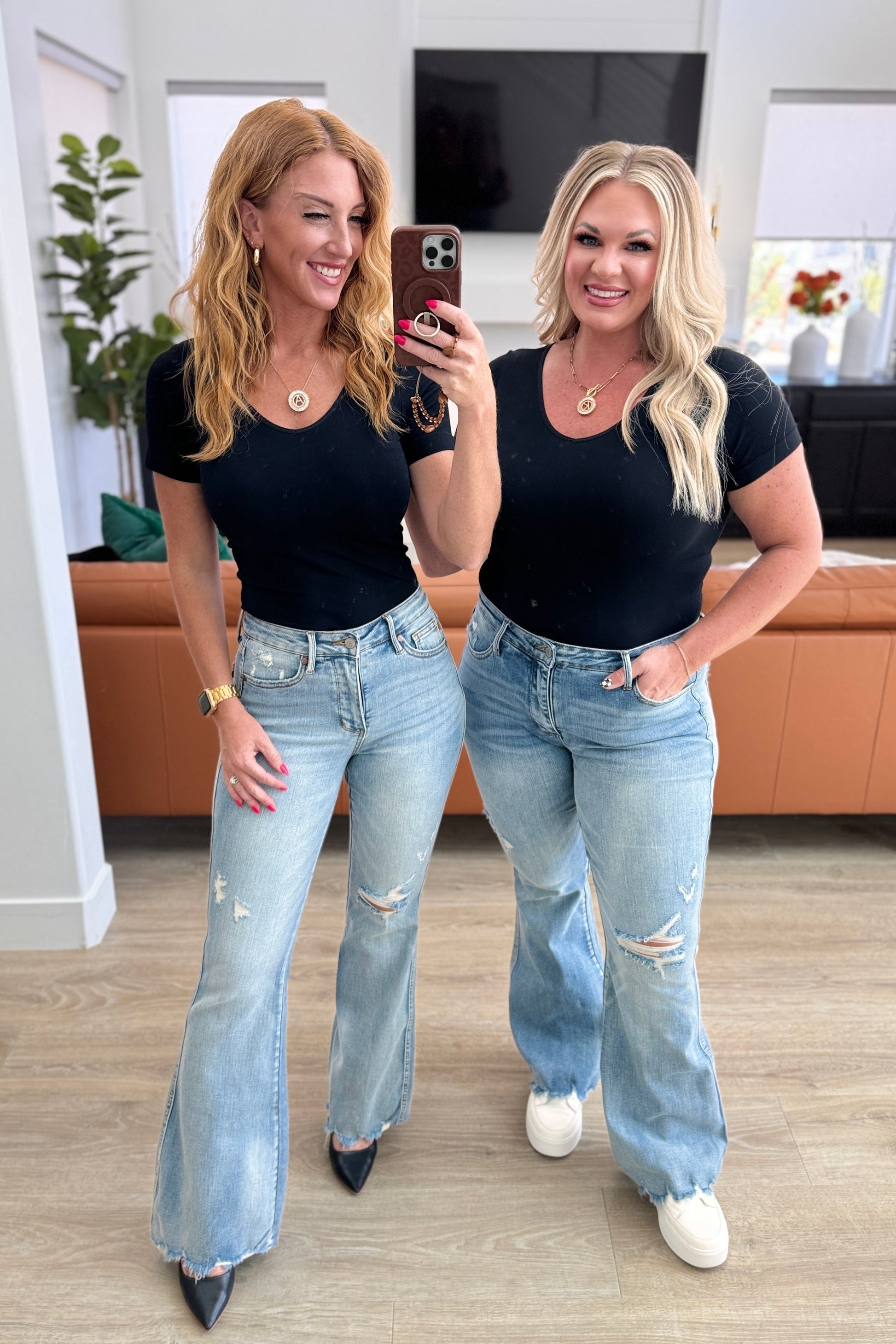 Caroline Mid Rise Control Top Distressed Flare Jeans - - Denim