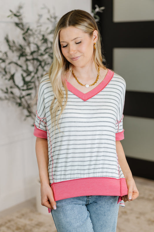 Dressed to Chill V-Neck Top in Heather/Grey/Ivory/Pink - - Womens