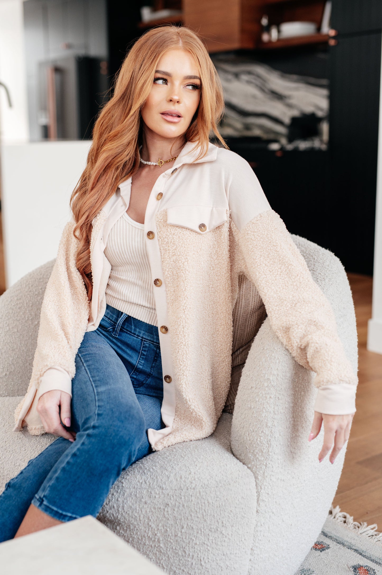 Ivory Teddy Button Down Shacket in cream with sherpa fleece texture and front chest pockets.