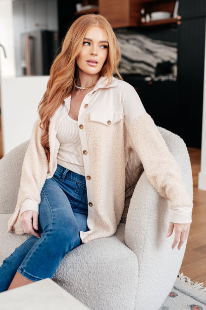 Ivory Teddy Button Down Shacket in cream with sherpa fleece texture and front chest pockets.