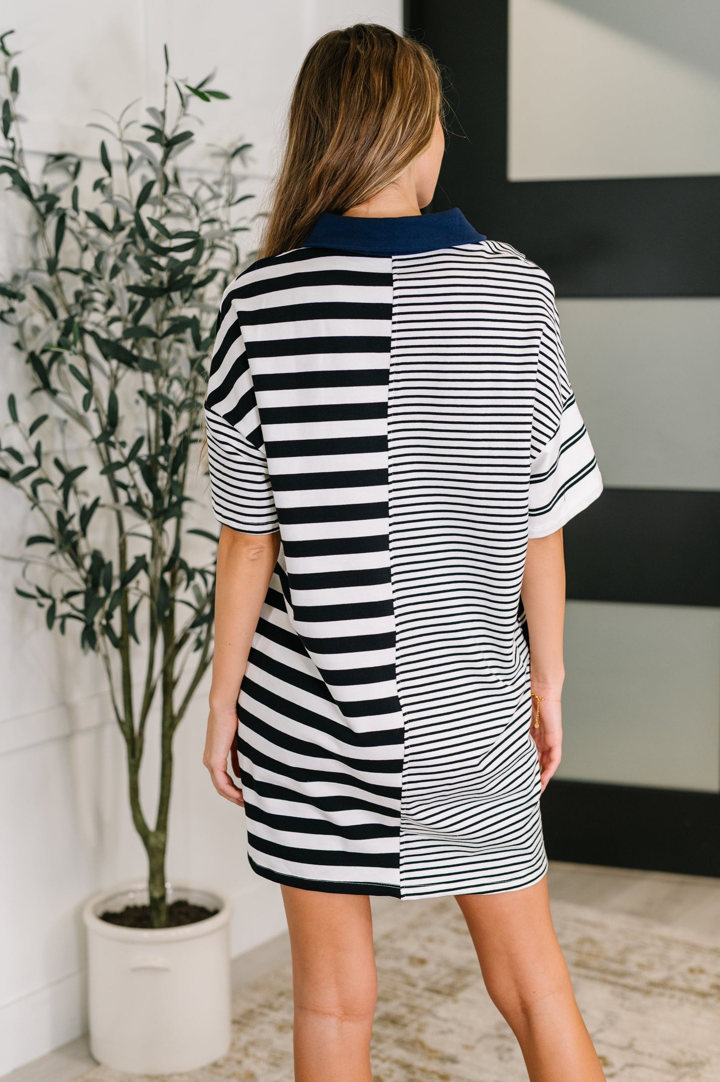 Striped Polo Dress, black and white, short-sleeve t-shirt dress with cotton blend fabric.