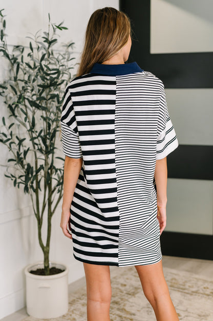 Striped Polo Dress, black and white, short-sleeve t-shirt dress with cotton blend fabric.