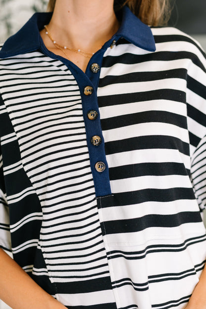 Striped Polo Shirt black and white cotton top with navy collar and contrast panel design
