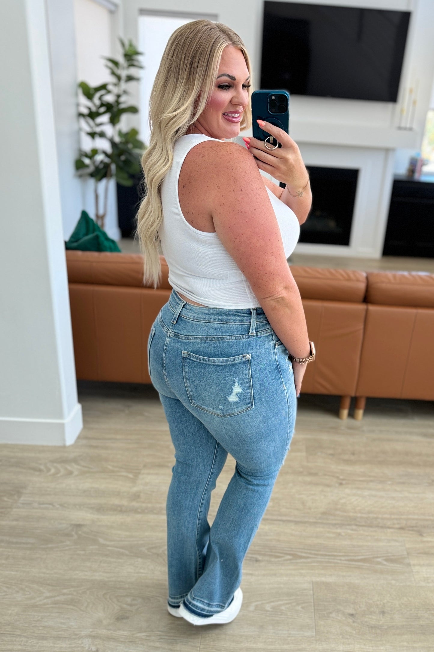 Isla Mid Rise Distressed Released Hem Bootcut Jeans - - Denim