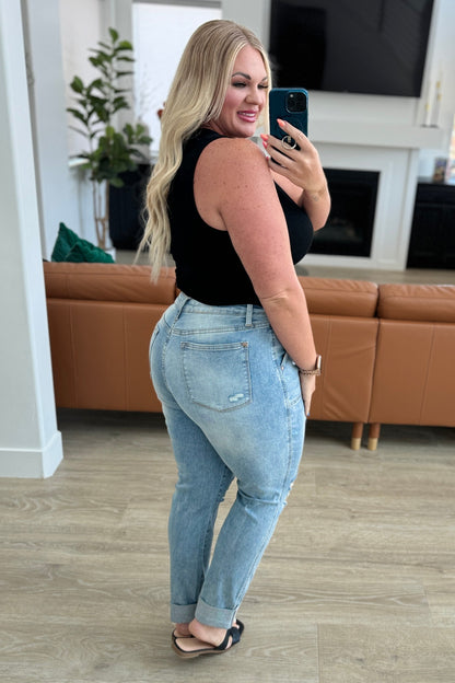 Aiden High Rise Patch Pocket Distressed Boyfriend Jeans - - Denim