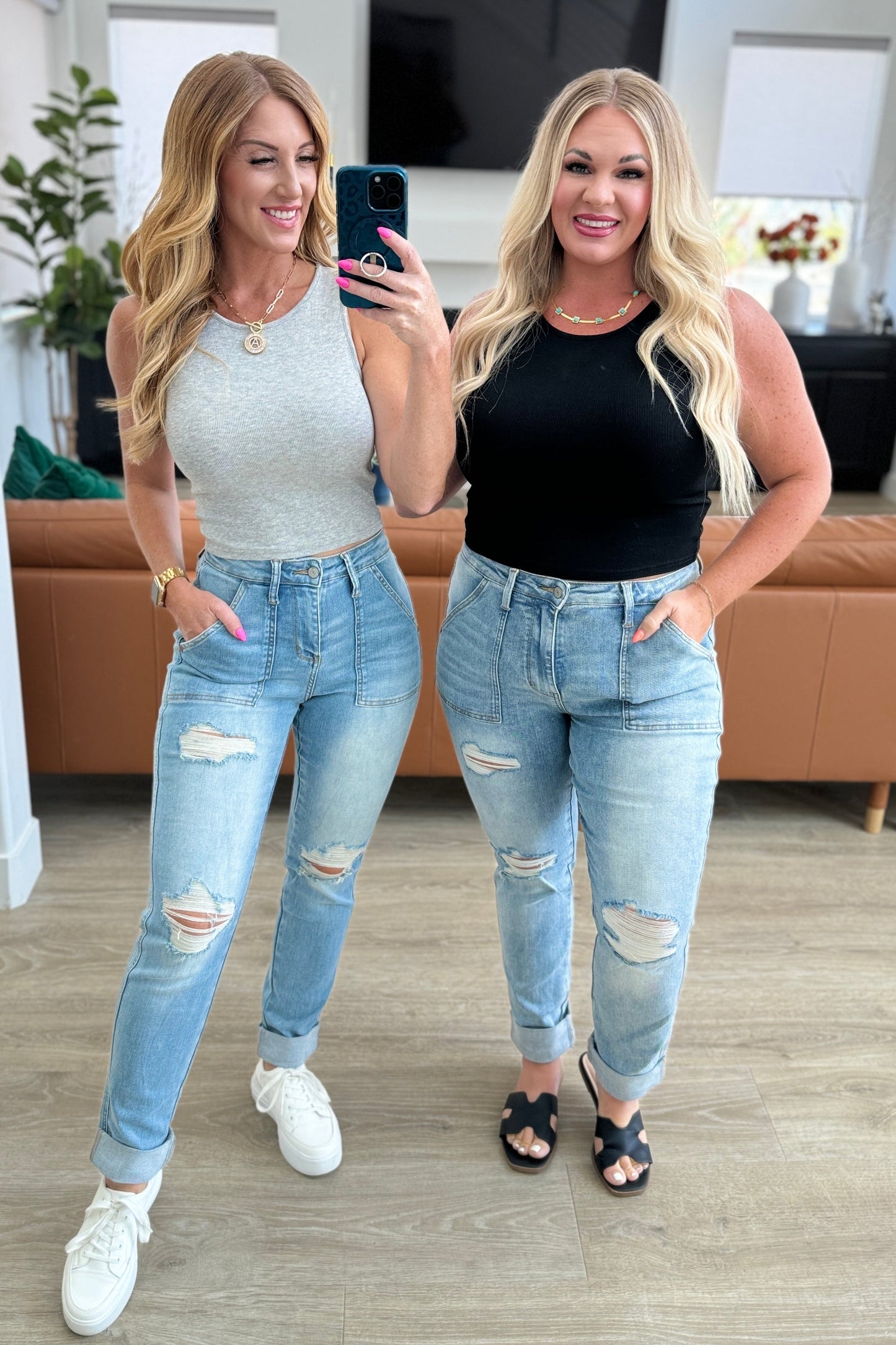 Aiden High Rise Patch Pocket Distressed Boyfriend Jeans - - Denim