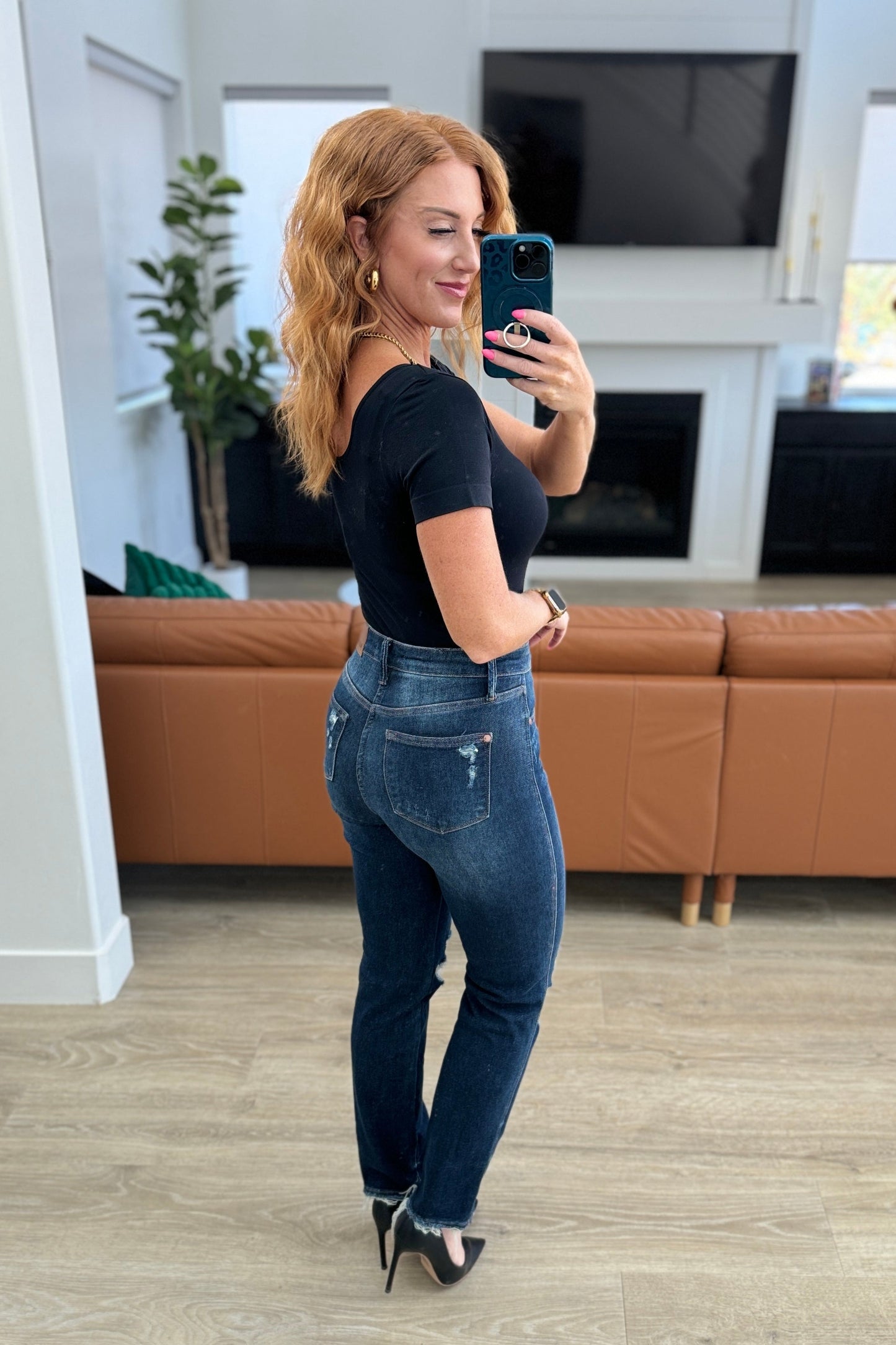 Montana High Rise Rigid Magic Distressed Straight Jeans - - Denim