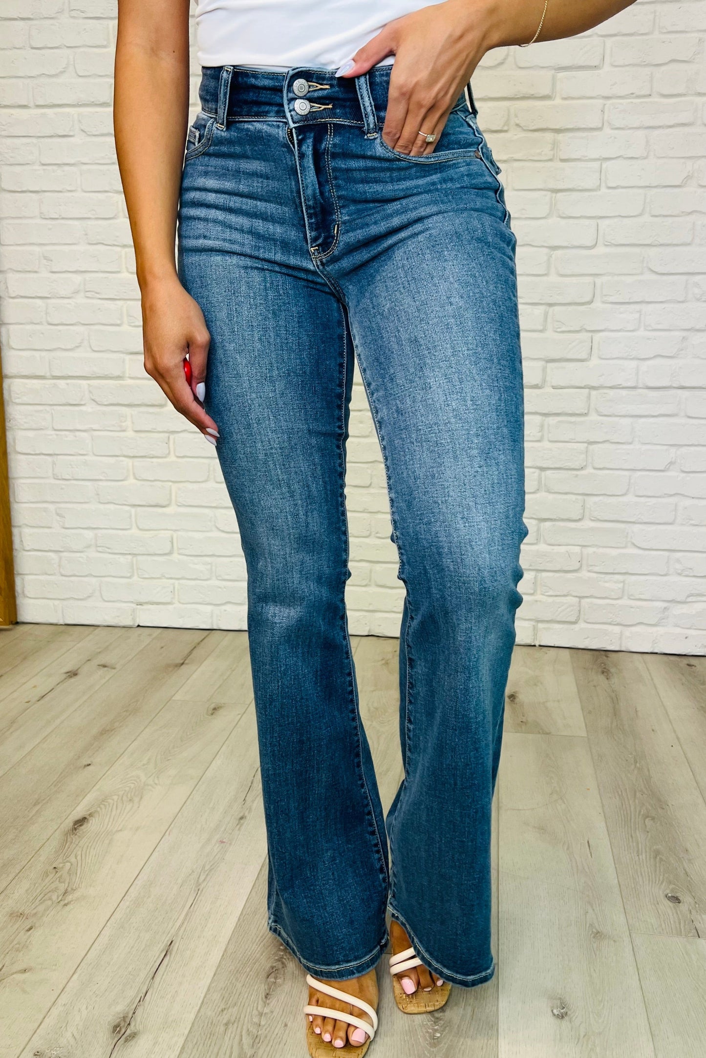 Ariana High Rise Double Button Waistband Flare Jeans - - Womens