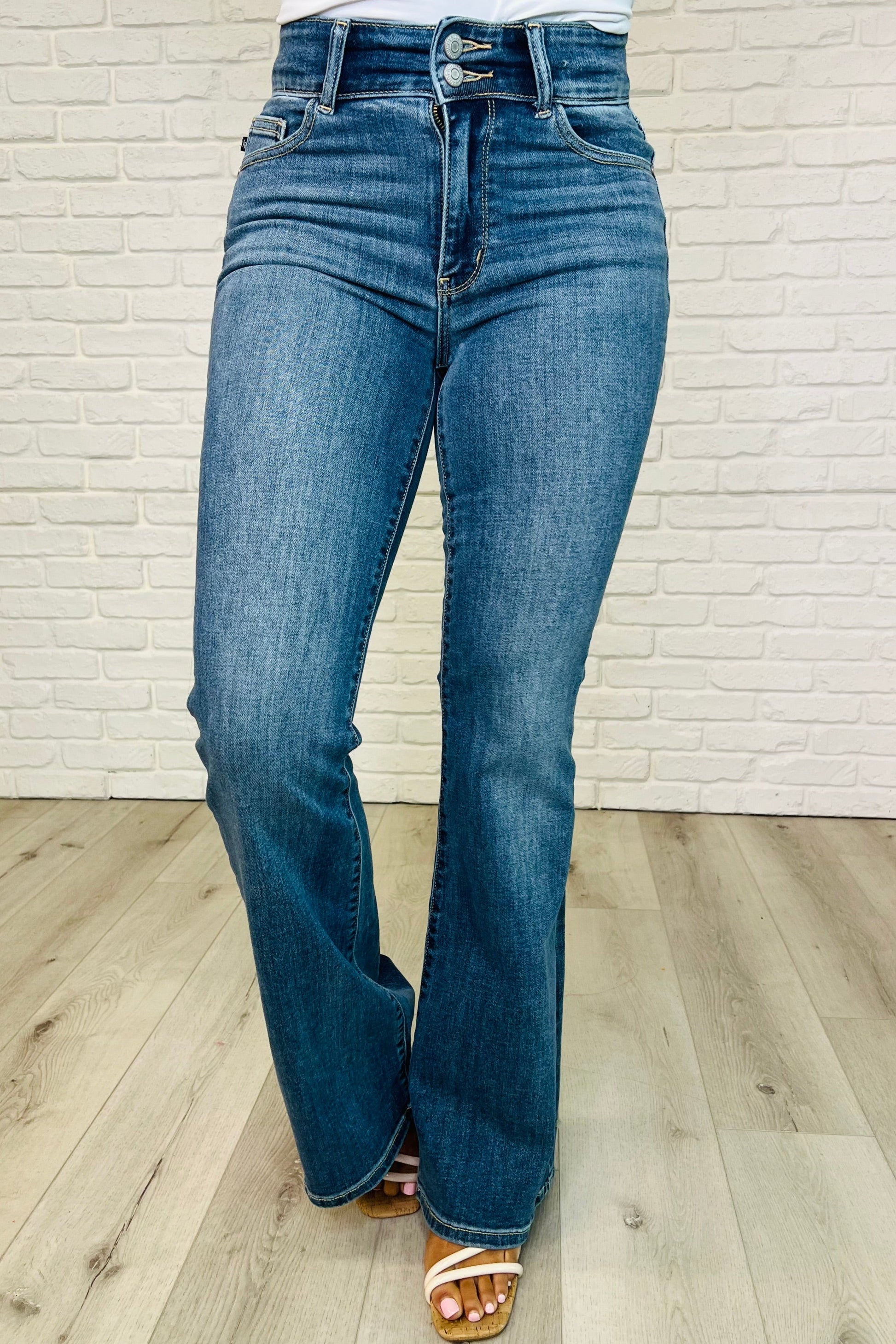 Ariana High Rise Double Button Waistband Flare Jeans - - Womens