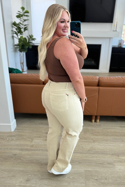 Selena High Rise Distressed 90's Straight Jeans in Bone - - Denim