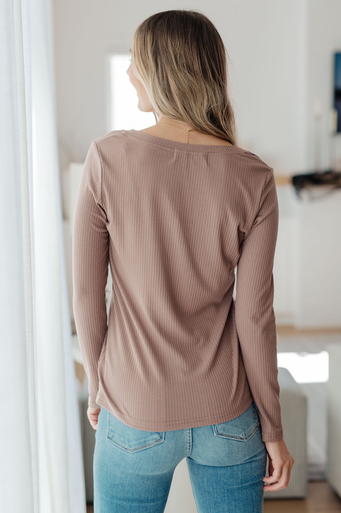 Ribbed Long Sleeve Top in mauve with soft stretch cotton fabric