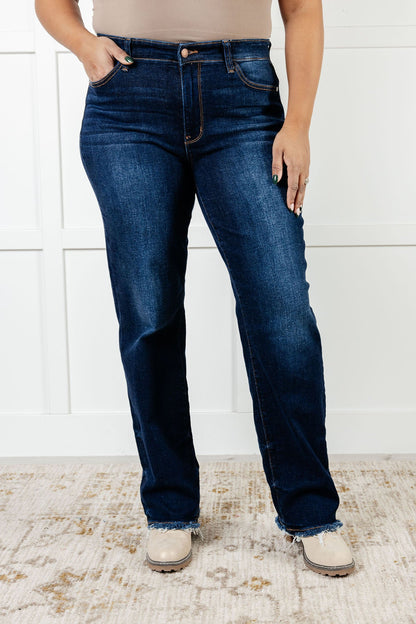 Jacqueline Mid Rise Frayed Hem Straight Leg Jean - - Denim