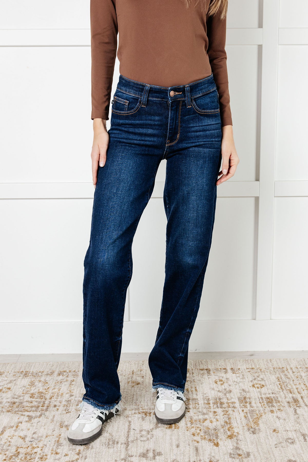 Jacqueline Mid Rise Frayed Hem Straight Leg Jean - - Denim