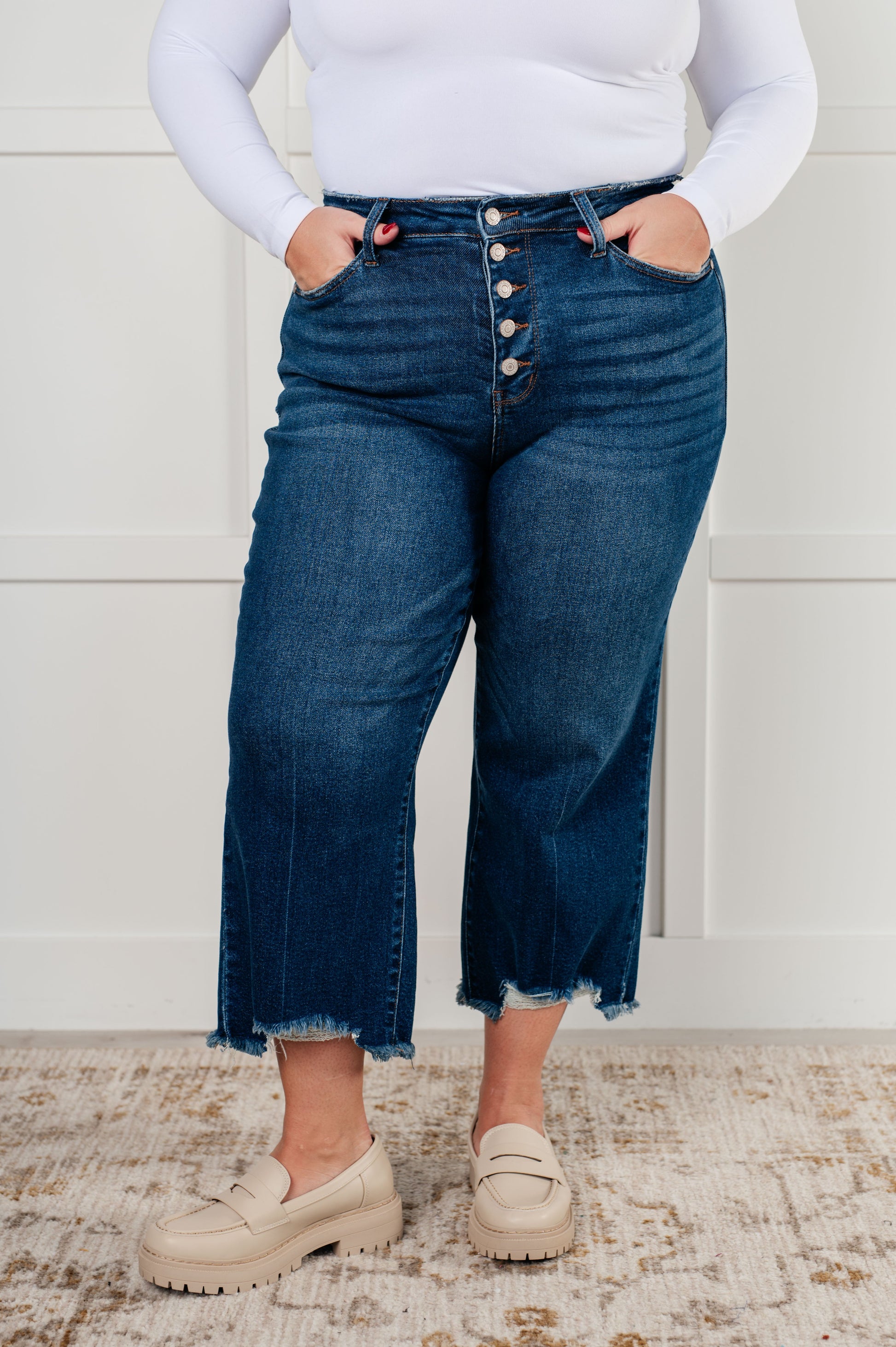 Janice High Rise Button Fly Wide Leg Crop Jeans - - Denim