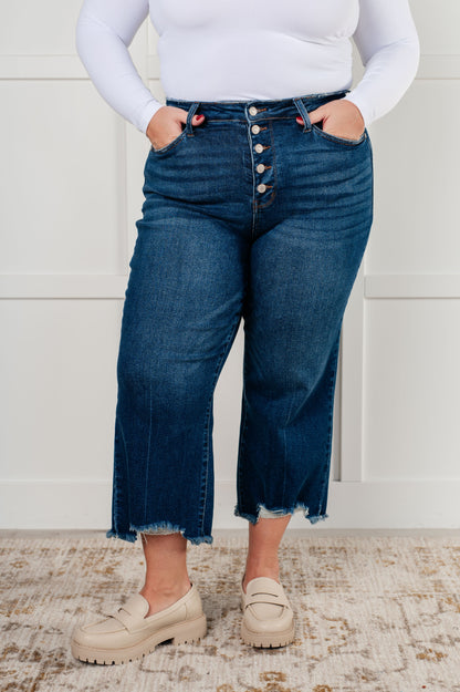 Janice High Rise Button Fly Wide Leg Crop Jeans - - Denim