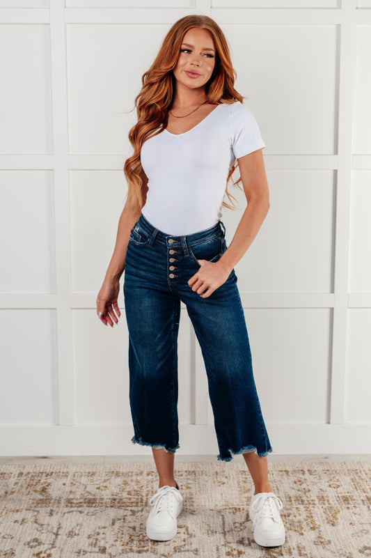 Janice High Rise Button Fly Wide Leg Crop Jeans - - Denim