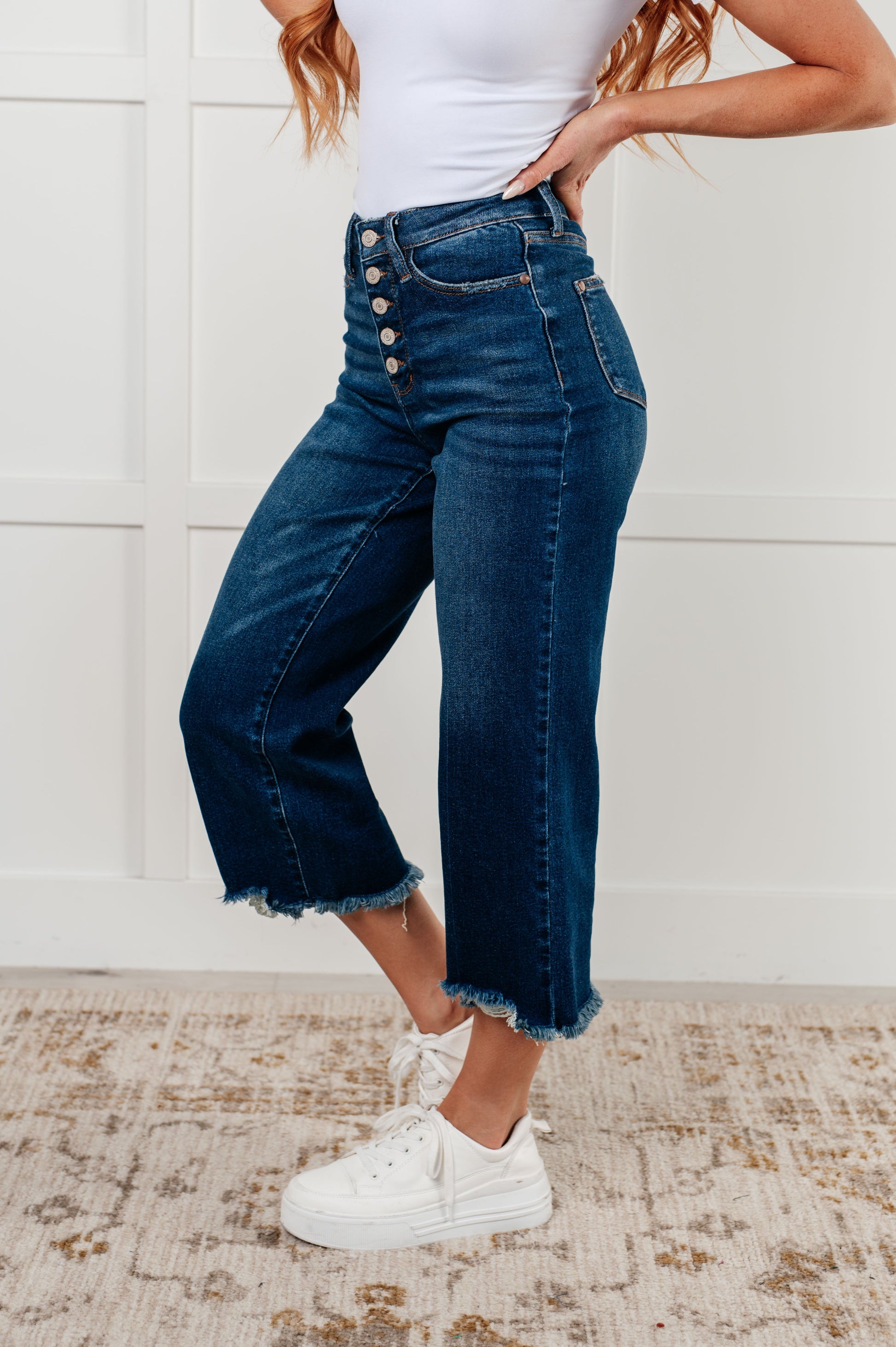Janice High Rise Button Fly Wide Leg Crop Jeans - - Denim