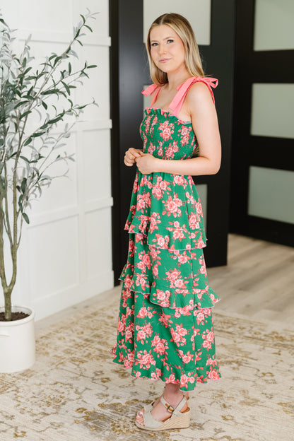 Low Effort, High Impact Tiered Dress in Green/Coral - - Womens
