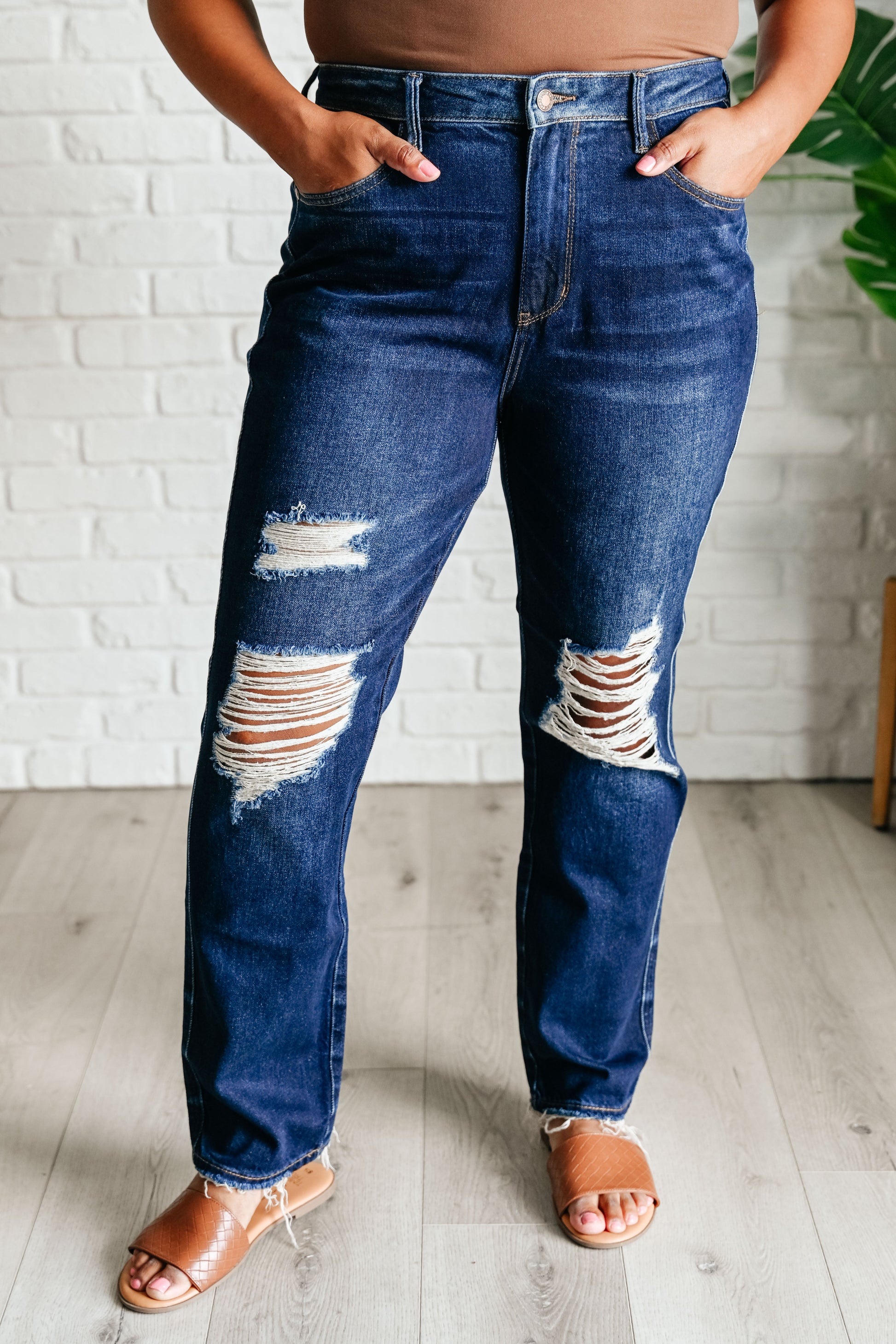 Montana High Rise Rigid Magic Distressed Straight Jeans - - Denim