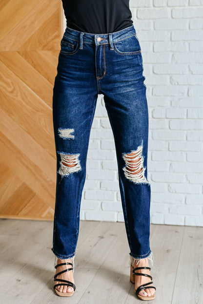 Montana High Rise Rigid Magic Distressed Straight Jeans - - Denim