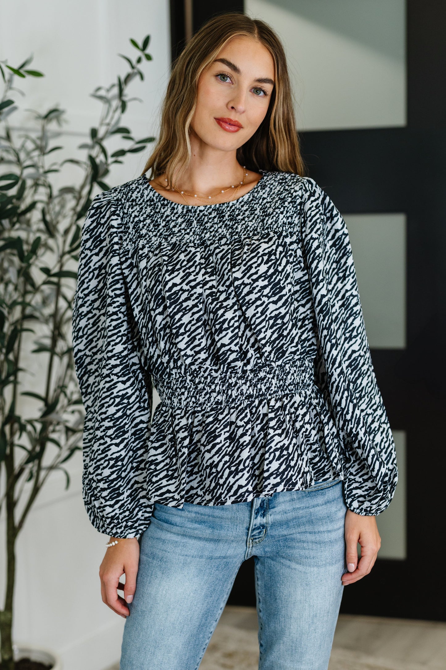 Emerson Blouse in black and white, long sleeve top with smocked bodice detailing