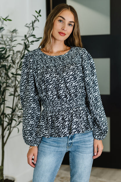 Emerson Blouse in black and white, long sleeve top with smocked bodice detailing