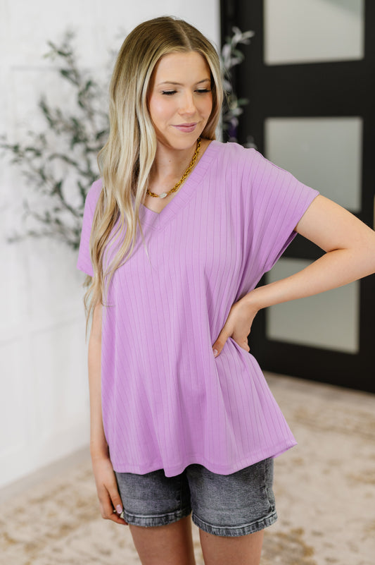 Top Shelf Basic V-Neck Ribbed Tee in Lavender - - Womens