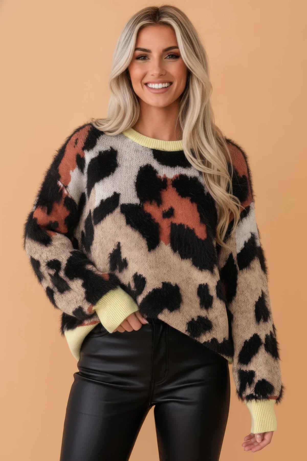 Khaki leopard colorblock fuzzy drop-shoulder sweater