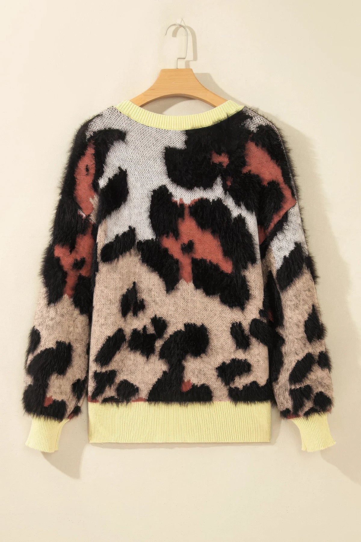 Khaki leopard colorblock fuzzy drop-shoulder sweater, alternate product view 2