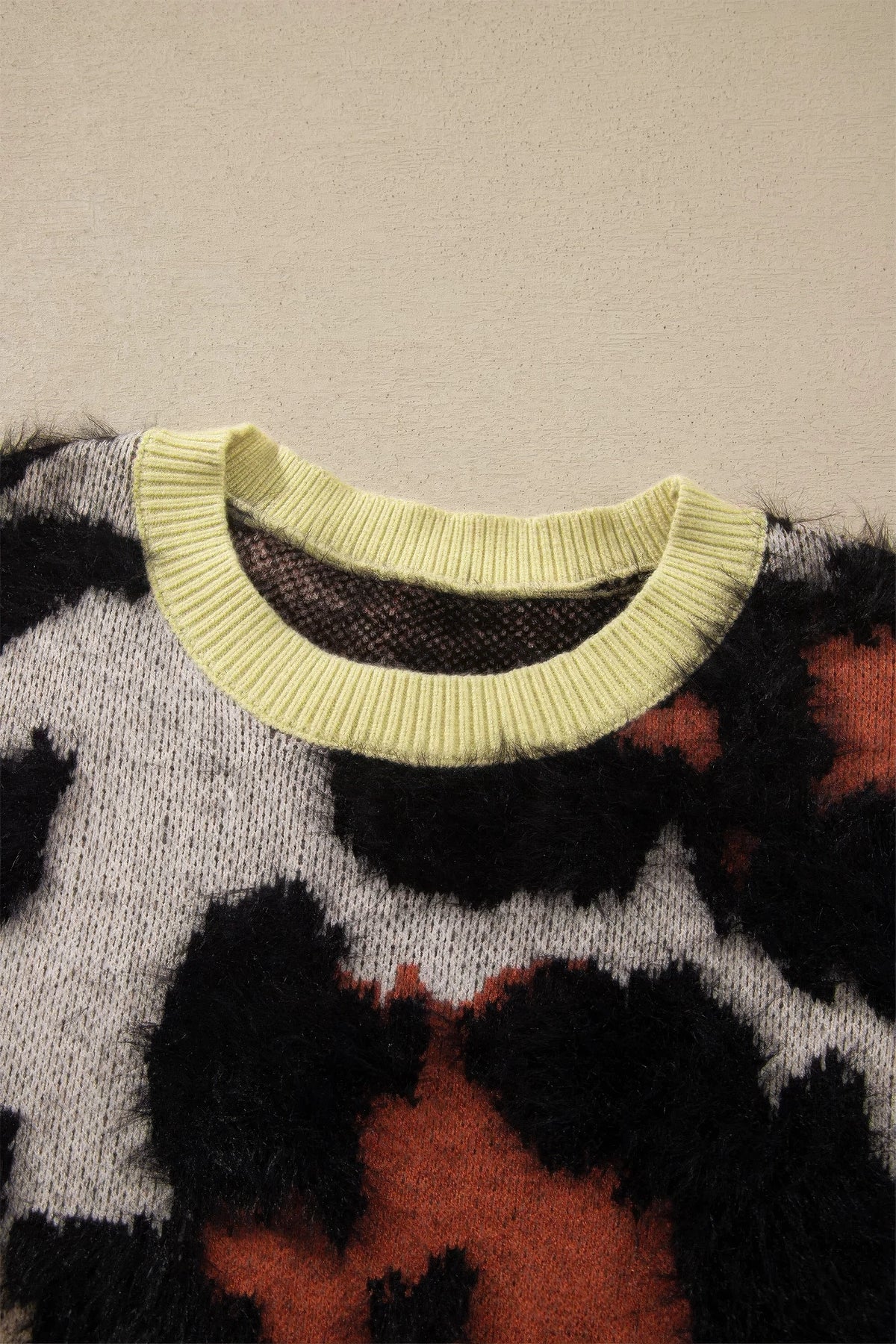 Khaki leopard colorblock fuzzy drop-shoulder sweater, alternate product view 3